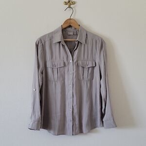 Chico's Dark Sand Brushed Modal Long Sleeve Button Down Shirt Size Medium